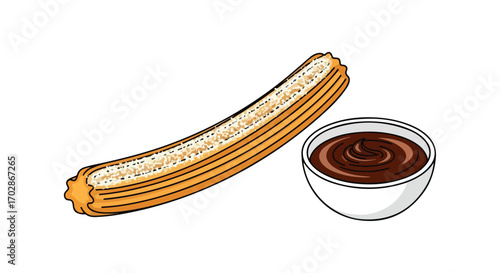 Delightful churro illustration with warm, melted chocolate sauce against a pristine white backdrop showcasing artistic simplicity