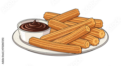 Delicious churros piled high alongside a rich chocolate dipping sauce in a stylistic illustration portraying a classic dessert arrangement