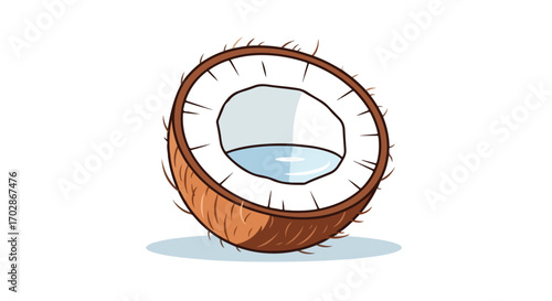 Stylized depiction of a halved coconut displaying its husk, meat, and watery liquid within a simplistic cartoon drawing style