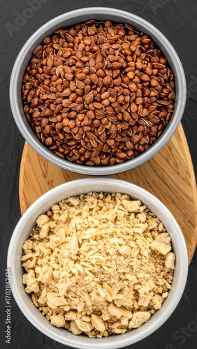 Two bowls of grains, one with brown and the other with light-colored