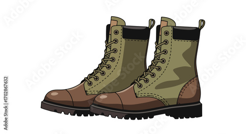 Stylized illustration showcasing a pair of sturdy work boots, with detailed stitching and dark laces, set against a plain background showing depth
