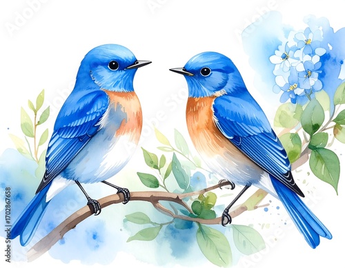 Two bluebirds on a branch with flowers