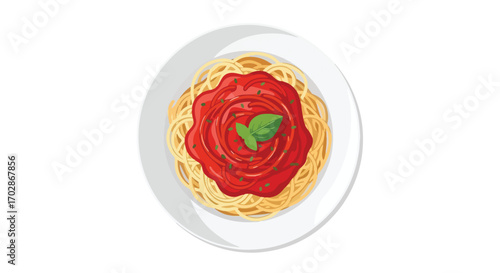 A vibrant overhead view of spaghetti topped with a rich tomato sauce and fresh basil served on a pristine white plate