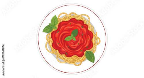 Cartoon Illustration of Spaghetti with Tomato Sauce and Basil Leaves on a Plate isolated against plain backdrop showing a culinary offering ideal