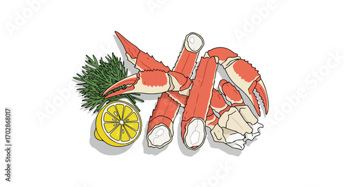 Artistic illustration showcasing delicious snow crab legs arranged with a vibrant lemon wedge and fresh green dill sprig  for culinary excellence