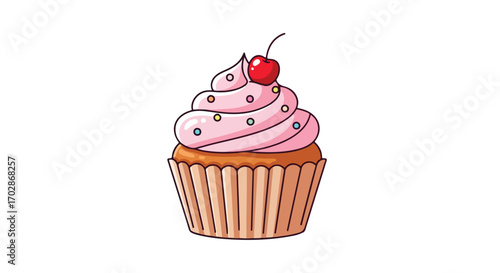 Delightful cupcake illustration with pink frosting and vibrant cherry topper, perfect for celebratory designs and sweet treats themed projects