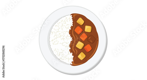 Illustrative japanese curry rice with colorful toppings on a white plate for a culinary presentation concept