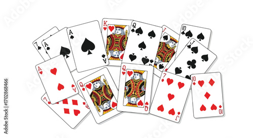 Assorted arrangement of diverse playing cards scattered, illustrating casino games and gambling activity for entertainment
