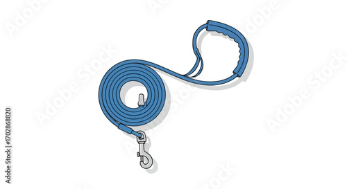 Blue leash coiled neatly with metallic clasp and comfortable grip, perfect for walking a dog outdoors easily and safely.