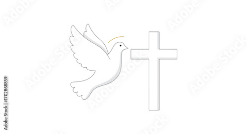 Symbolic representation featuring a serene white dove with a halo, positioned alongside a crisp, clean Christian cross conveying faith and peace