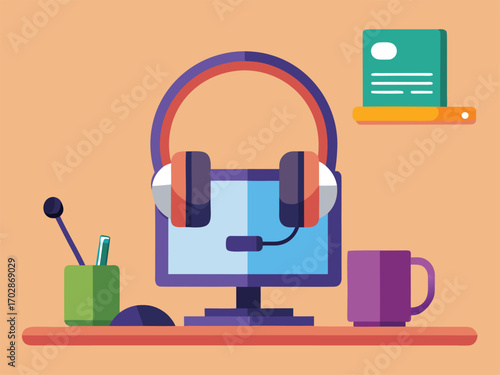 Modern workspace setup with wireless headset computer monitor and coffee cup
