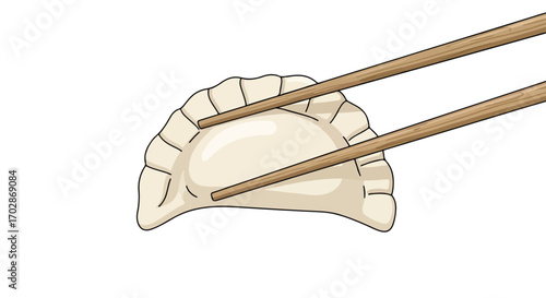 A delightful illustration featuring a freshly made dumpling held gently by wooden chopsticks ready to be savored against a bright white background