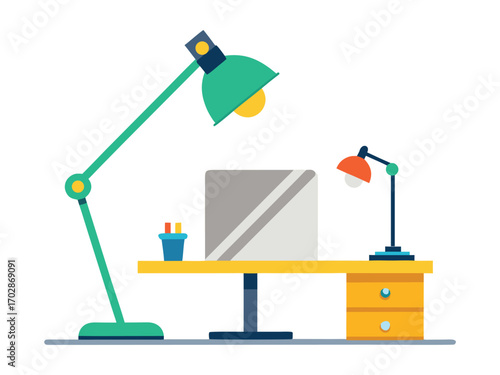 Modern flat design desk lamp illuminated study workspace with laptop and office supplies