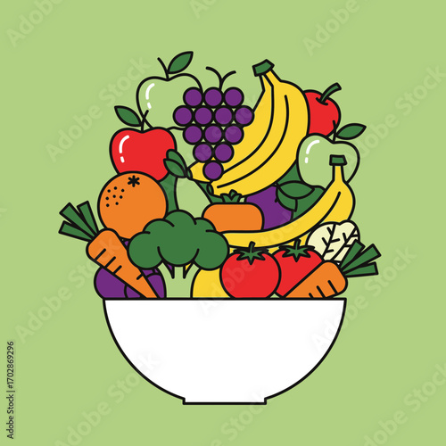 A white bowl overflowing with colorful outlined fruits and vegetables in a flat graphic style.