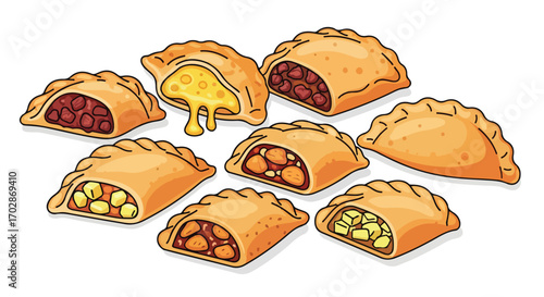 Hand-drawn collection of stuffed empanadas, filled with diverse savory ingredients, perfect for food illustrations and culinary projects