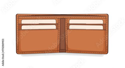 Illustration of an open brown leather wallet with visible card slots against a white background showcases financial tool