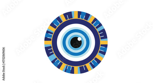 Eye-catching amulet illustration with concentric circles in blue and golden hues, symbolizing protection and good fortune with a modern design