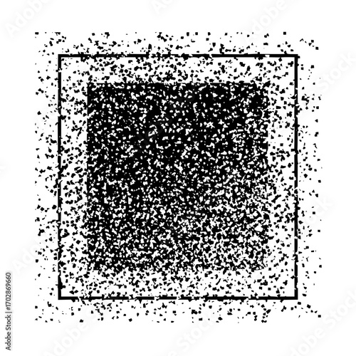 Abstract black and white square art with scattered pixels and geometric shapes for modern design concepts