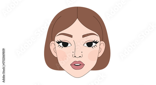 Cartoon-style illustration of a woman's face with neutral expression and bob haircut, embodying simplicity and elegance in minimalist art form