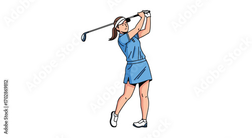 Captivating cartoon depiction of a woman in mid-swing during a golf game showcasing precision and athletic ability in a stylish, sporty manner