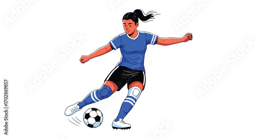 Dynamic illustration of a female soccer player skillfully kicking a soccer ball on a pristine white backdrop showcasing athletic prowess and