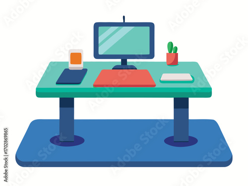 Ergonomic desk mat with computer monitor keyboard notebook and office supplies for modern workspace