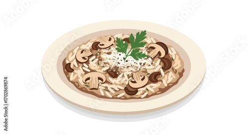 Mushroom Risotto Delight: A Flat Lay Illustration of Culinary Excellence and Gourmet Presentation for Food Enthusiasts
