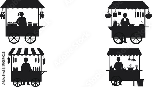 Street food vendor cart silhouettes, black vector stalls, people selling food, market stand illustration, mobile food business, traditional market scene, local street sellers