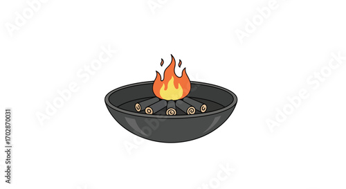 Campfire illustration in a portable fire pit with burning logs ready for grilling and outdoor activities creating warmth and light at night