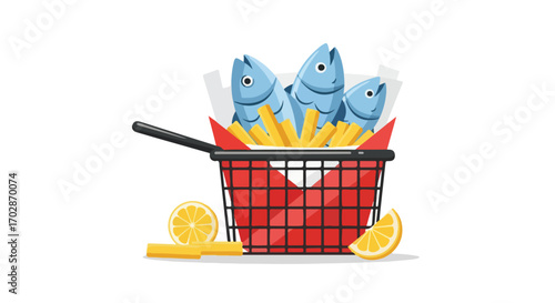 Playful Aquatic Feast: Cartoon Fish and Chips Basket with Zesty Lemon Accompaniment, food presentation