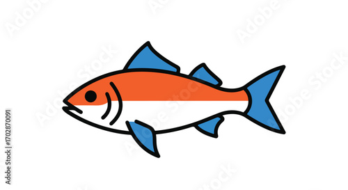 Stylized Fish Illustration with Blue Fins, Orange Body and Simplistic Outlines on White Background