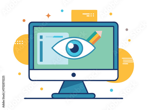Computer monitor displaying eye symbol with ergonomic light filter for eye protection and digital health