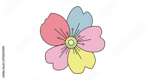 Stylized blossom illustration with soft pastel hues, showcasing a harmonious blend of pink, blue, and yellow petals,isolated on clean white for