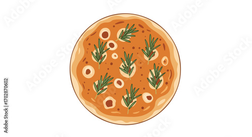 Illustration of a freshly baked pizza with sprigs of rosemary and creamy cheese, perfect for culinary projects or restaurant promotions