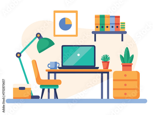 Modern home office setup with laptop desk chair lamp and shelving for productive work
