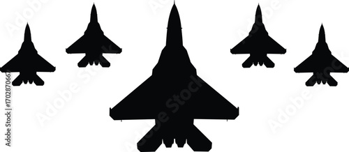 Military jet silhouettes, fighter aircraft vector, aviation icons, warplane formation, tactical jets, fighter jet silhouettes, air force planes, black aircraft silhouettes, fighter squadron