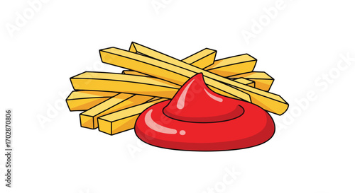 Delicious Cartoon French Fries with a Dab of Tomato Ketchup: A Culinary Icon Represented in Simple Graphic Style