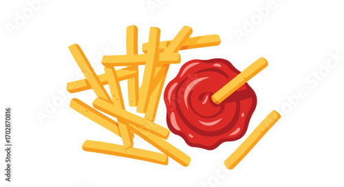 Crispy french fries and ketchup create a simple yet appetizing fast food illustration for snack time or food product packaging designs