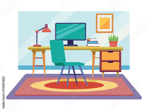 Cozy home office setup with desk computer lamp chair and rug for productive work
