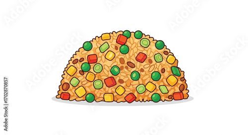 Illustration of a generous portion of delectable fried rice with vibrant vegetables isolated on a pristine white background ready to be served and