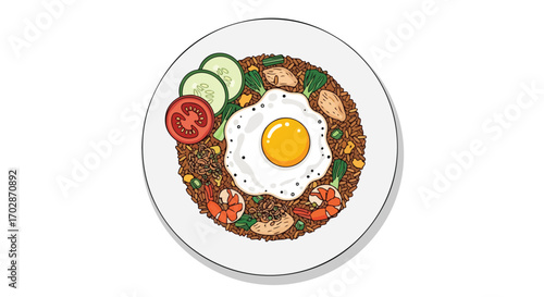 Delicious Nasi Goreng Illustration: Indonesian Fried Rice Topped with a Fried Egg and Fresh Vegetables