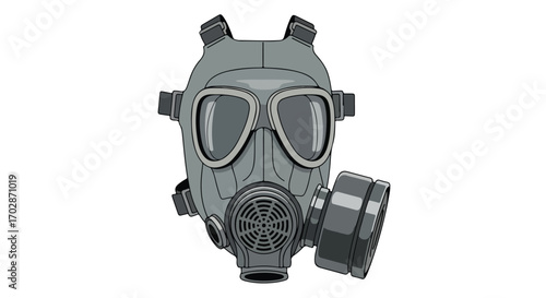 Stylized illustration of a gray full-face respirator with intricate detailing offering protection against dangerous airborne particles and toxic