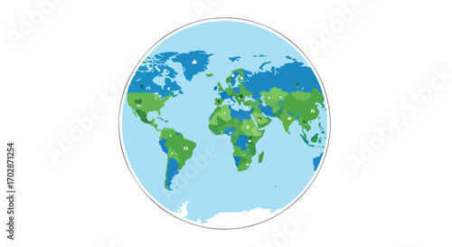 Stylized world map illustration in blue and green tones representing global geography and environmental concepts realistically