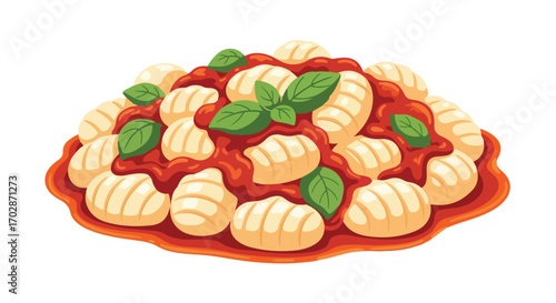 Delightful Illustration of Gnocchi Dish with Tomato Sauce and Basil, Perfect for Culinary Art or Food-Related Projects and Italian Gastronomy