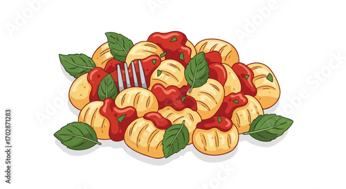 Delightful Gnocchi Dish with Tomato Sauce and Fresh Basil Leaves: A Culinary Presentation