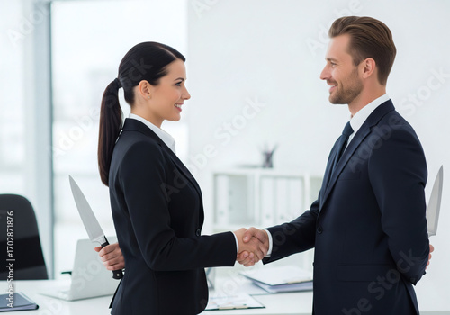 Two business people shaking hands with knives hidden behind their backs showing a deceitful handshake and betrayal concept