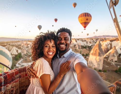 Happy African American couple taking a selfie in a hot air balloon over the stunning Cappadocia landscape at sunrise.