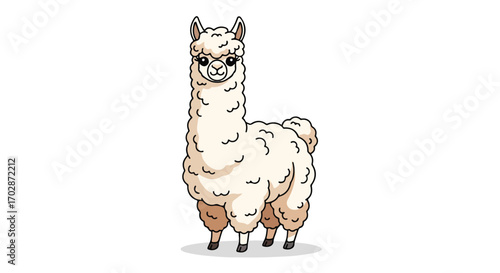 Charming illustrated alpaca, cute and cuddly cartoon character with fluffy fleece, isolated against a pristine white backdrop offering simplicity