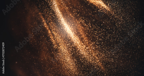 Gold particles floating background, Liquid gold, golden abstract backdrop. Beautiful metallic yellow dust texture, Metallic paint close-up. Art Wallpaper waves surface