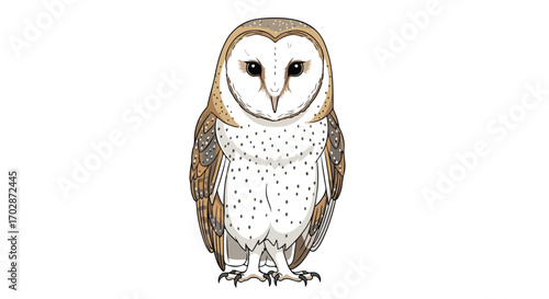 Captivating Barn Owl Illustration Showcasing Unique Plumage and Striking Facial Features with Isolated White Backdrop